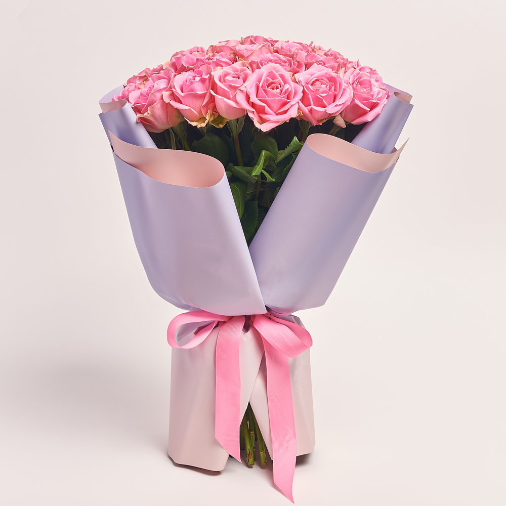 Product image Bouquet of 25 Pink Roses, packaging: Gradiens violet, vendor code: 2964