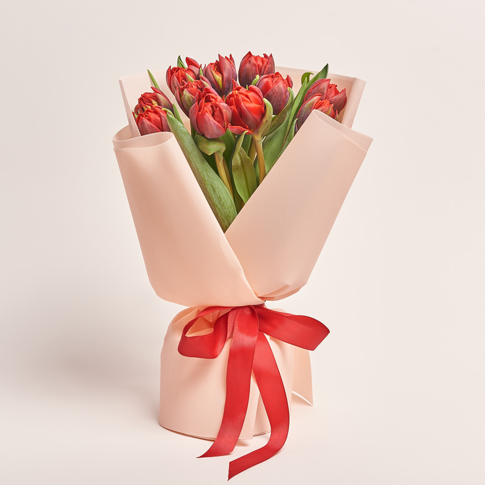 Product image Bouquet of 11 Red peony Tulips, packaging: Kafin cream, vendor code: 2986