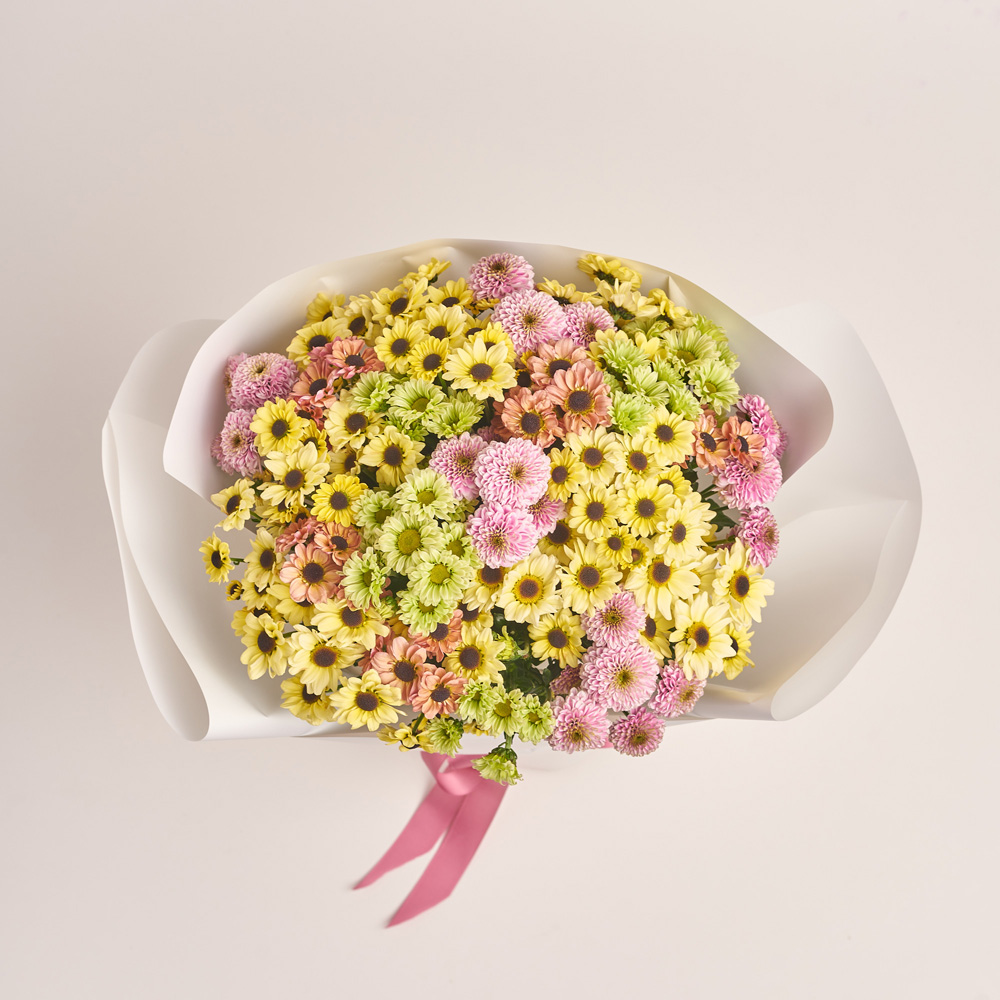 Product image Bouquet of 25 Chrysanthemums Santinі Mix, packaging: White, vendor code: 3470