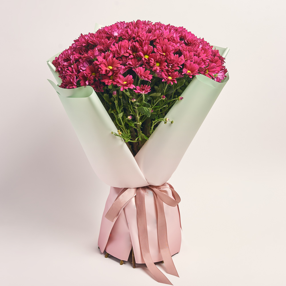 Product image Bouquet of 25 Purple Chrysanthemum Daisies, packaging: Gradiens tiffany, vendor code: 3699