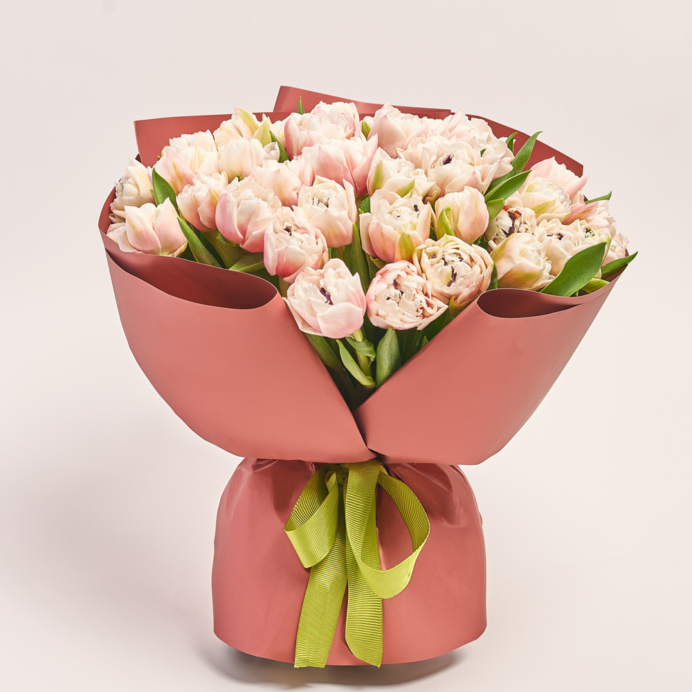 Product image Bouquet of 51 pink and white peony Tulips, packaging: Coral, vendor code: 3716