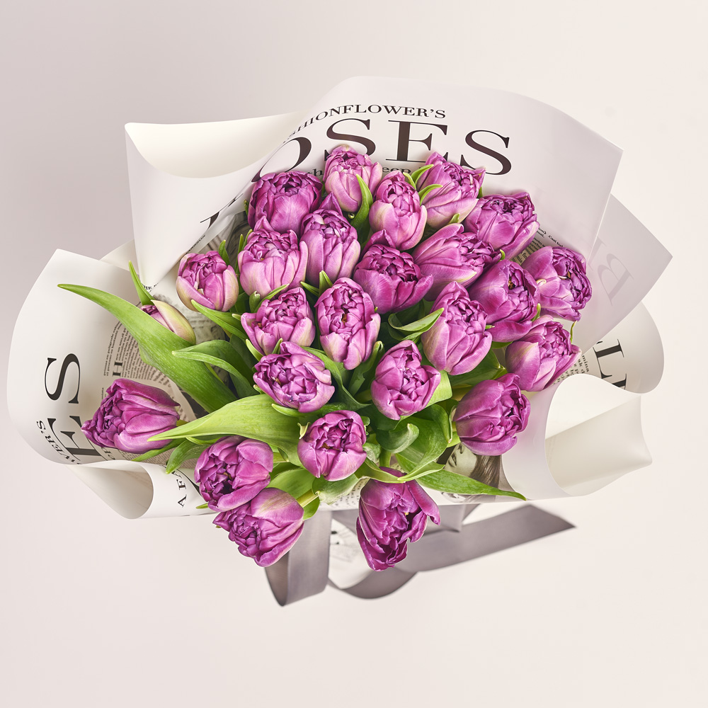 Product image Bouquet of 25 Purple Tulips Double, packaging: Newspaper, vendor code: 3721