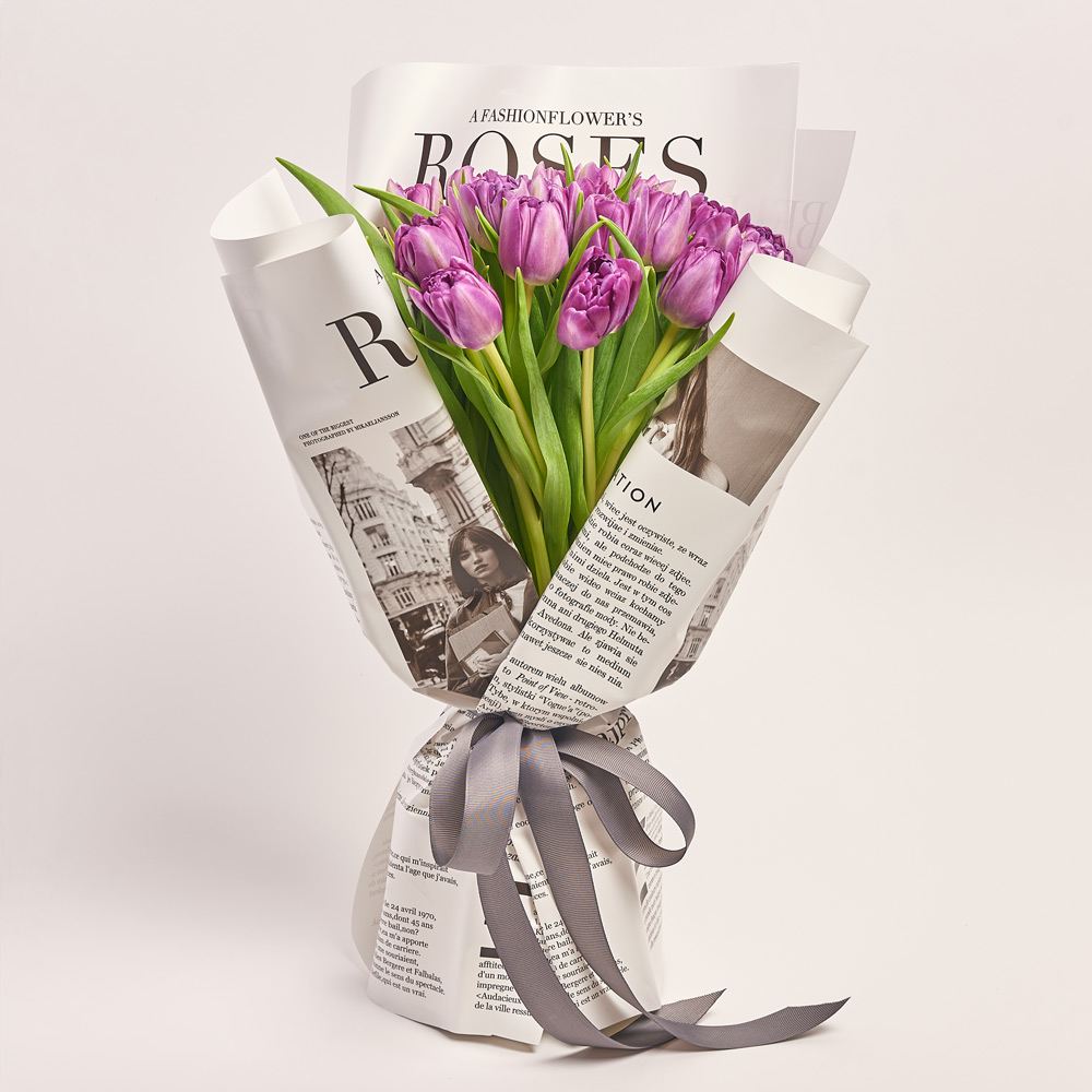 Product image Bouquet of 25 Purple Tulips Double, packaging: Newspaper, vendor code: 3721