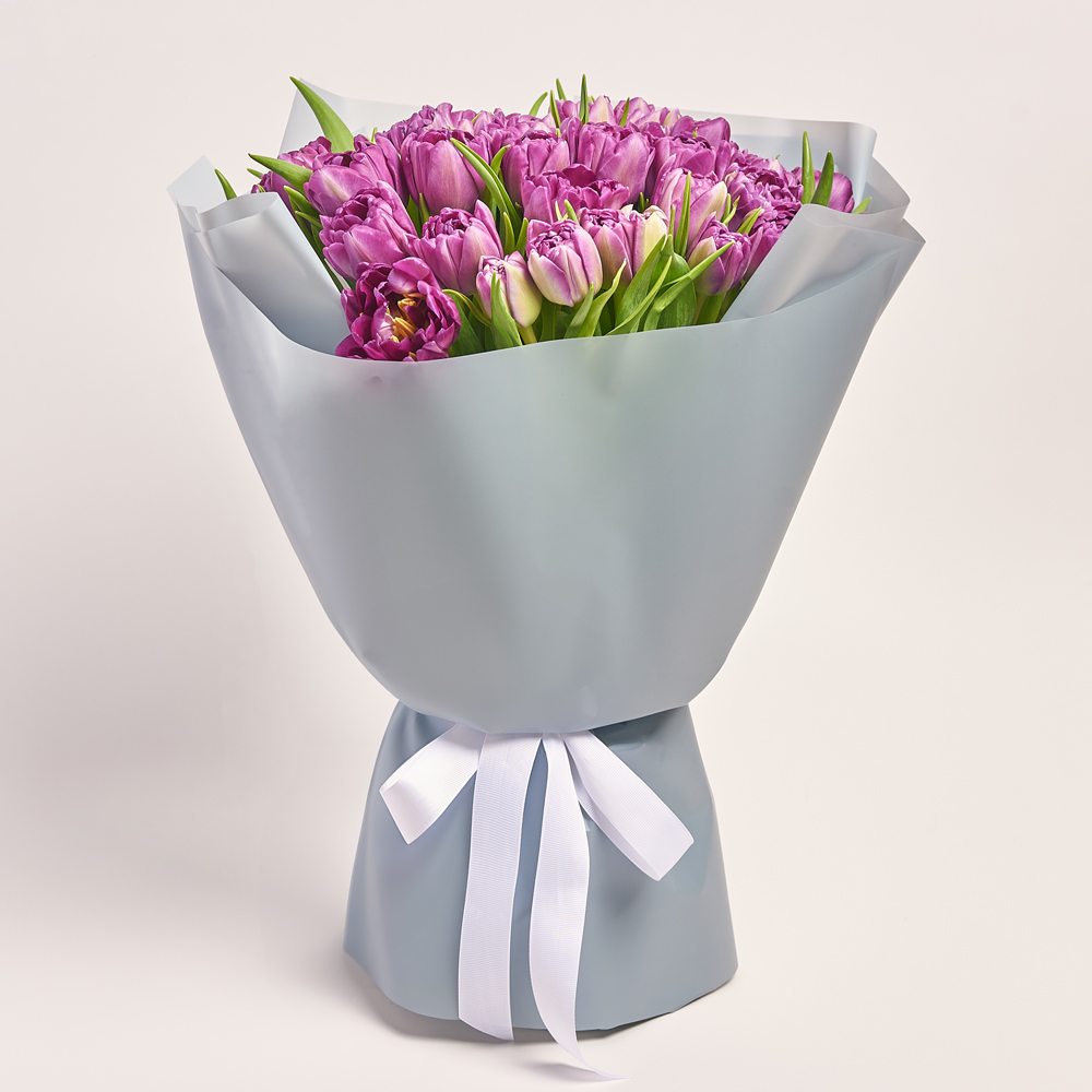 Product image Bouquet of 51 Purple Tulips Double, packaging: Gray, vendor code: 3723