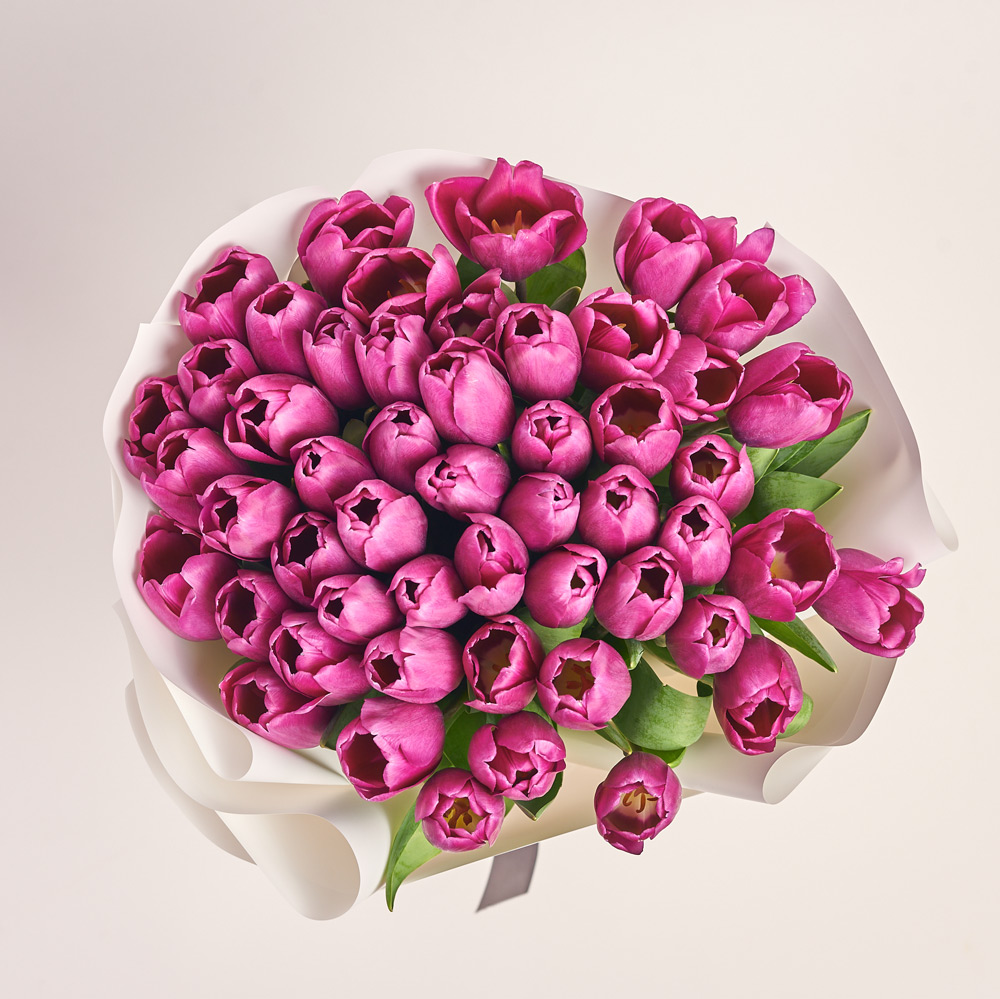 Product image Bouquet of 51 purple Tulips Classic, packaging: White, vendor code: 3724