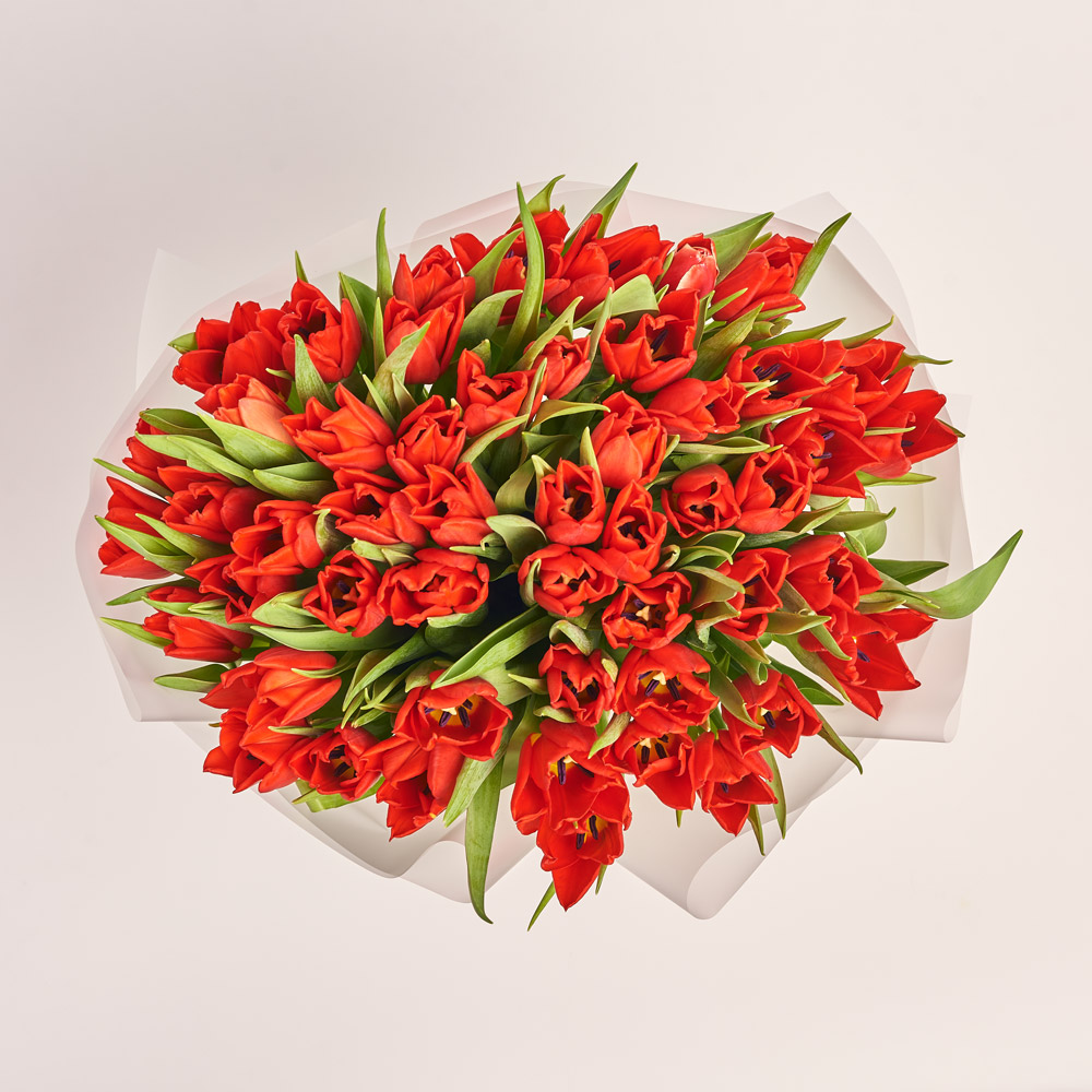 Product image Bouquet of 51 red Tulips Classic, packaging: Transparent, vendor code: 3727