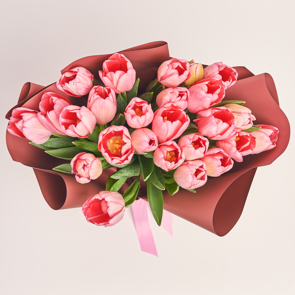 Product image Bouquet of 25 pink Tulips Classic, packaging: Coral, vendor code: 3729