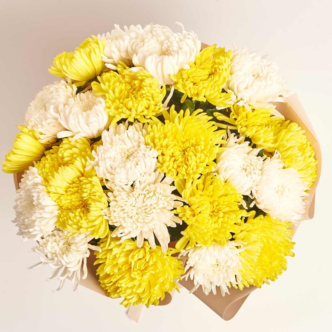 Product image Bouquet of 25 White and Yellow Single button Chrysanthemums, vendor code: 4049
